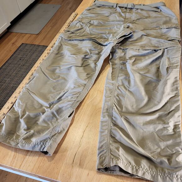 REI 14 Petite Khaki Nylon Convertible Pants Zip Pocket Belted 32" Waist - Picture 2 of 16